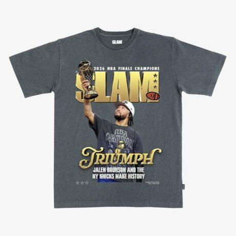 Jalen Brunson New York Knicks SLAM Unisex 2026 NBA Finals Champions Cover T-Shirt - Charcoal - Front View