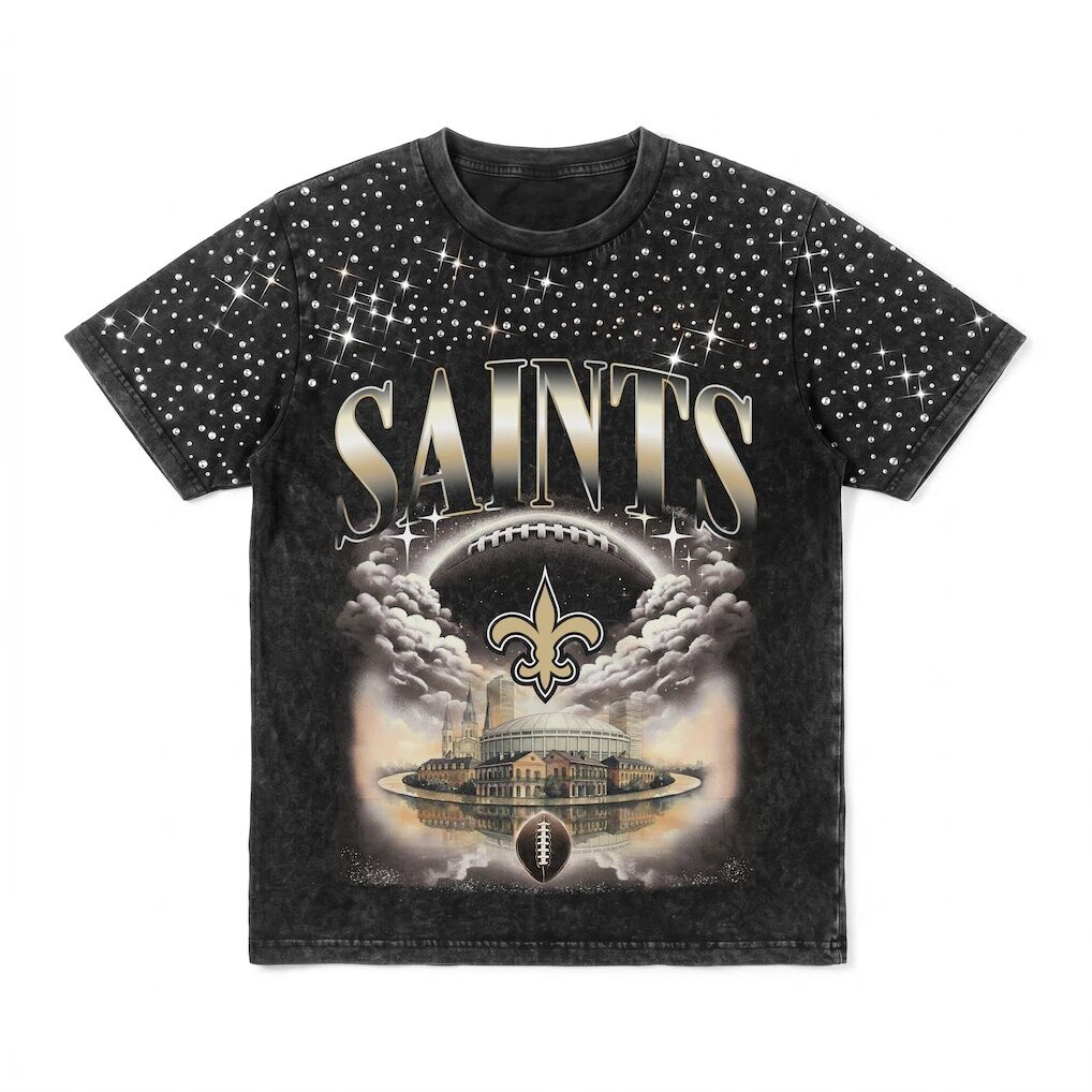 New Orleans Saints Gameday Couture Women's  Sky's the Limit Washed Micro Rhinestone T-Shirt