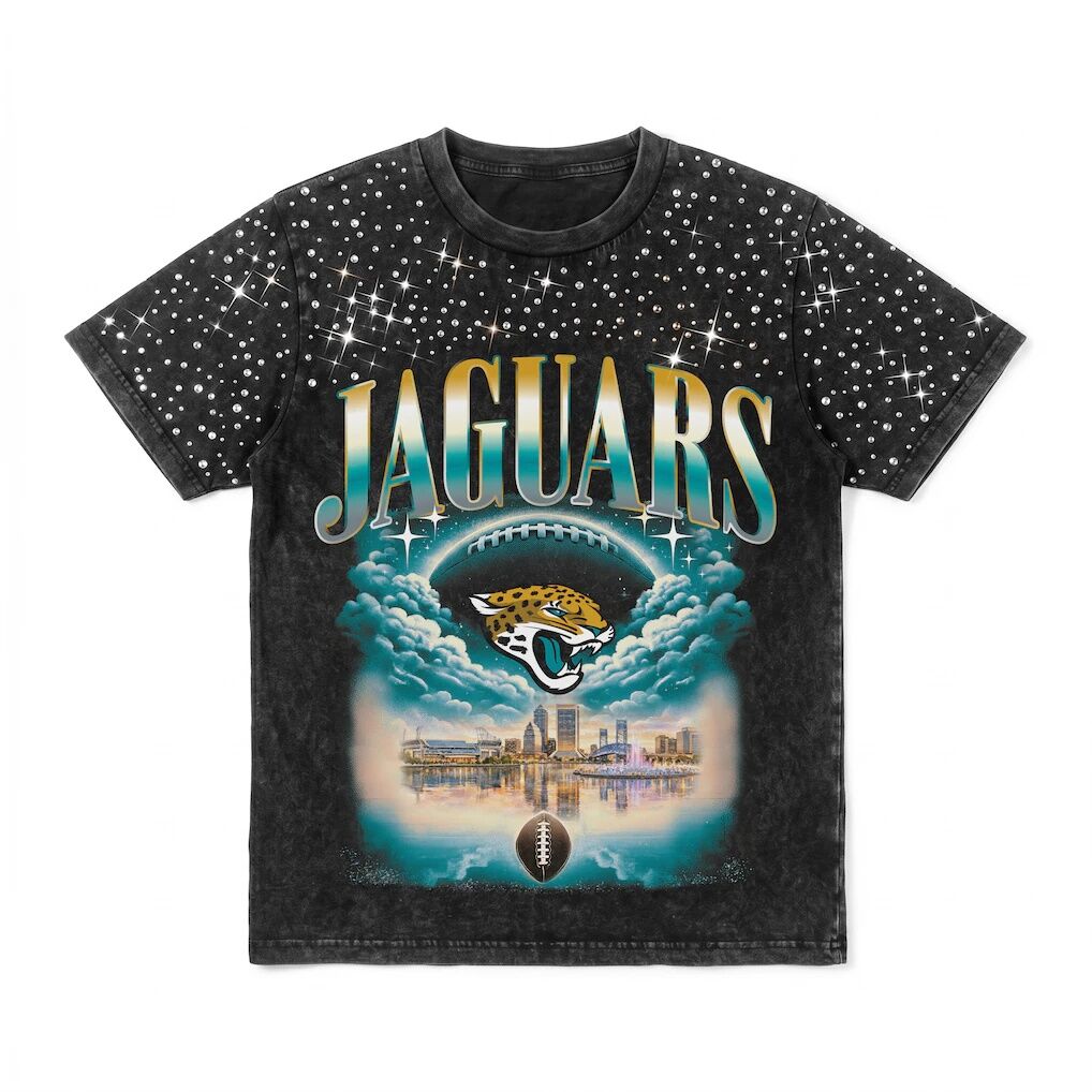 Jacksonville Jaguars Gameday Couture Women's  Sky's the Limit Washed Micro Rhinestone T-Shirt