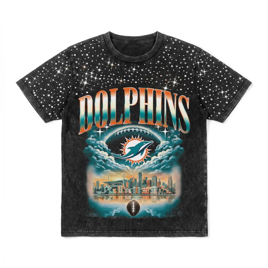 Miami Dolphins Gameday Couture Women's  Sky's the Limit Washed Micro Rhinestone T-Shirt