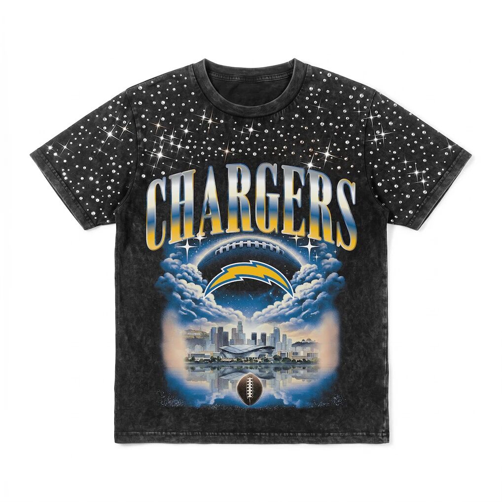 Los Angeles Chargers Gameday Couture Women's  Sky's the Limit Washed Micro Rhinestone T-Shirt
