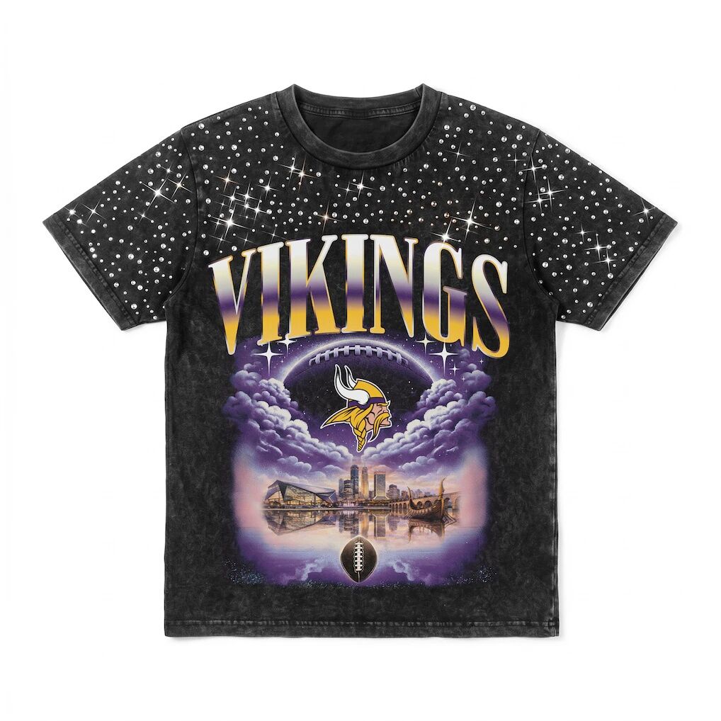 Minnesota Vikings Gameday Couture Women's  Sky's the Limit Washed Micro Rhinestone T-Shirt