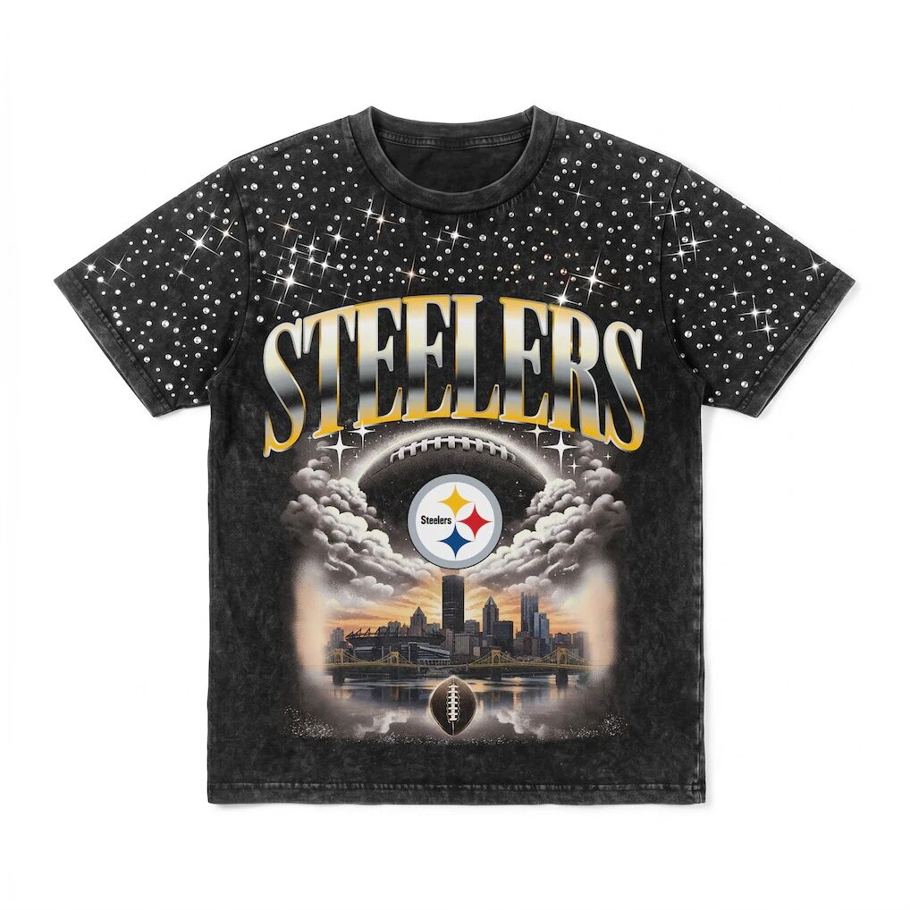 Pittsburgh Steelers Gameday Couture Women's  Sky's the Limit Washed Micro Rhinestone T-Shirt