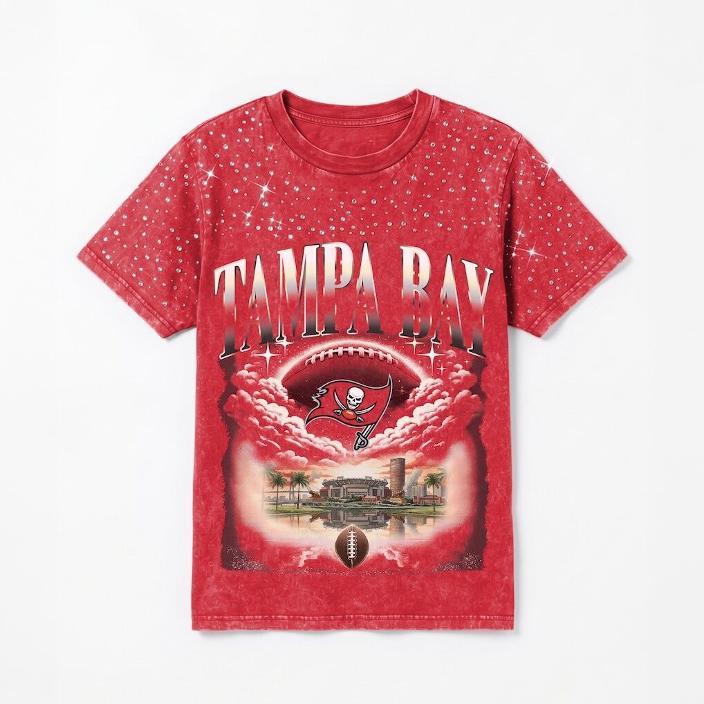 Tampa Bay Buccaneers Gameday Couture Women's  Sky's the Limit Washed Micro Rhinestone T-Shirt
