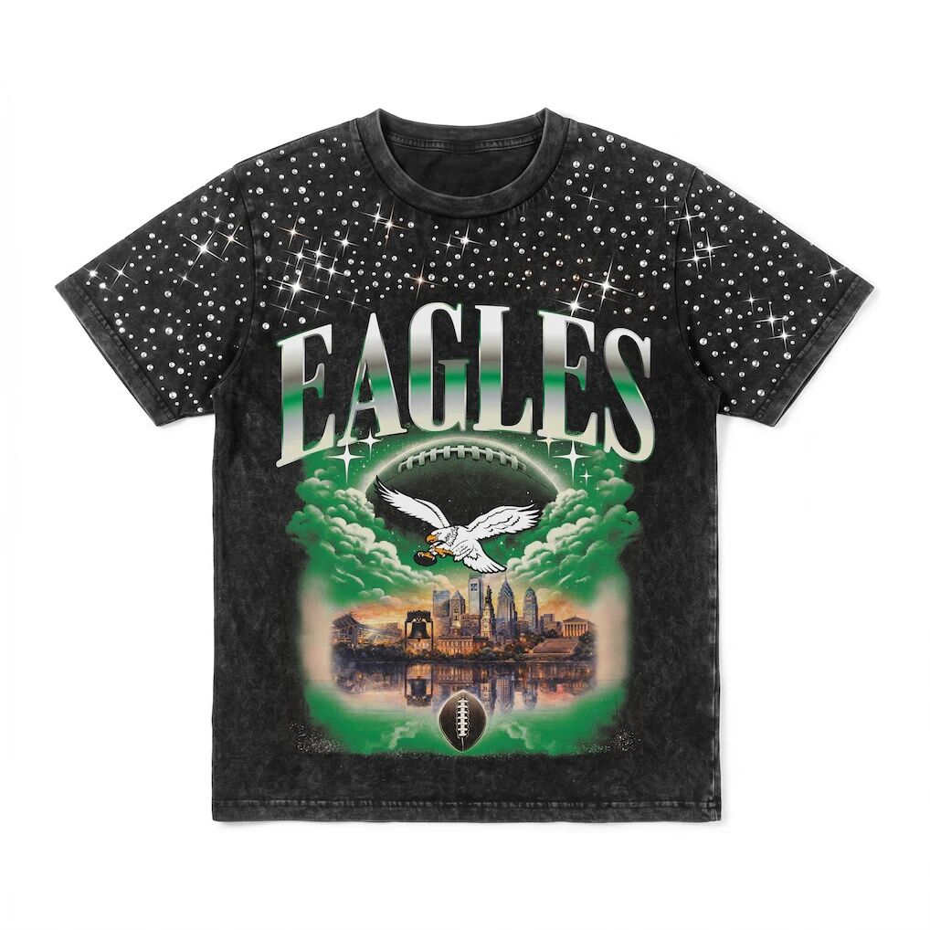 Philadelphia Eagles Gameday Couture Women's  Sky's the Limit Washed Micro Rhinestone T-Shirt