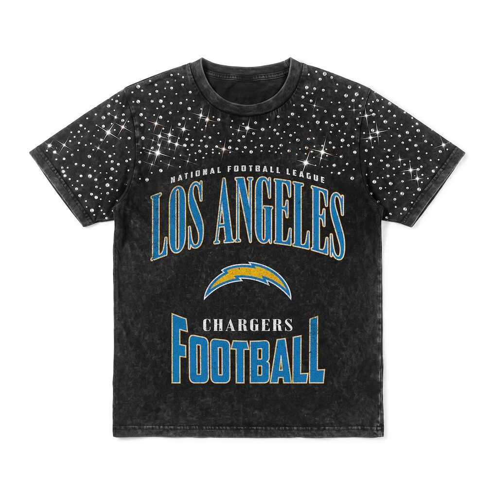 Los Angeles Chargers Gameday Couture Women's  In the Zone Washed Micro Rhinestone T-Shirt