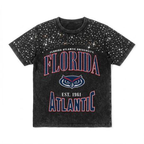 Florida Atlantic Owls Gameday Couture Women's In the Zone Washed Micro Rhinestone T-Shirt - Black - Front View