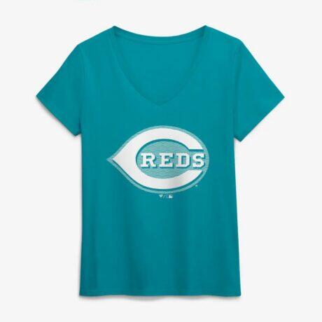 Cincinnati Reds Women's Summer Wave V-Neck T-Shirt - Aqua - Front View