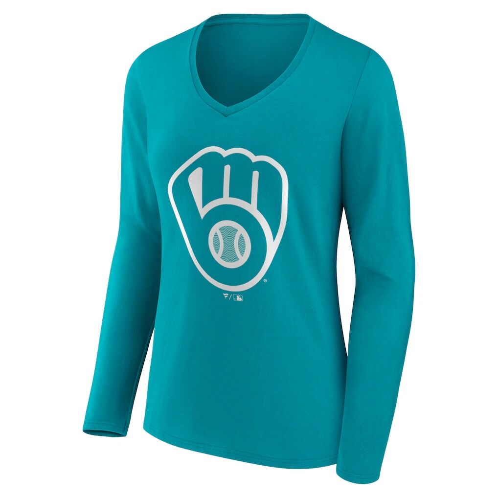 Milwaukee Brewers Women's Summer Wave Long Sleeve V-Neck T-Shirt - Aqua
