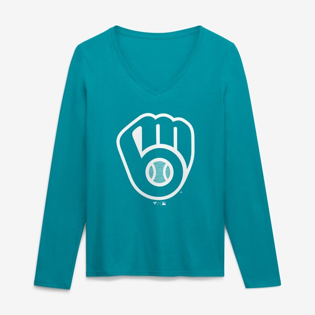 Milwaukee Brewers Women's Summer Wave Long Sleeve V-Neck T-Shirt - Aqua