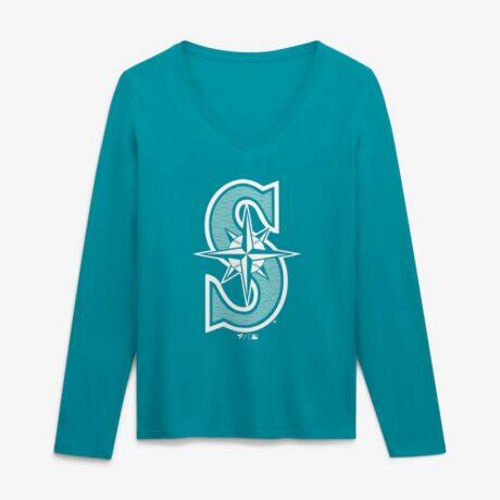 Seattle Mariners Women's Summer Wave Long Sleeve V-Neck T-Shirt - - Front View