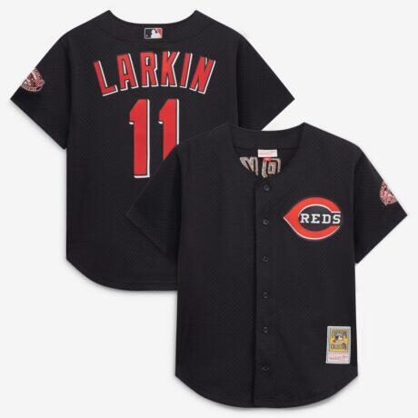 Barry Larkin Cincinnati Reds Mitchell & Ness Cooperstown Collection Mesh Batting Practice Button-Up Jersey - Black - Front View