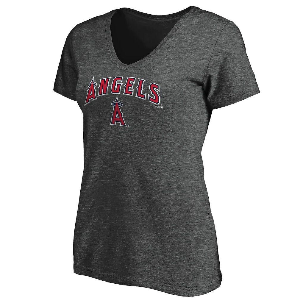 Los Angeles Angels Fashion7 Women’s Team Logo Lockup V-Neck T-Shirt – Heathered Charcoal