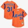 Mike Piazza New York Mets Mitchell & Ness Cooperstown Collection Mesh Batting Practice Button-Up Jersey - Dark Orange - Front View