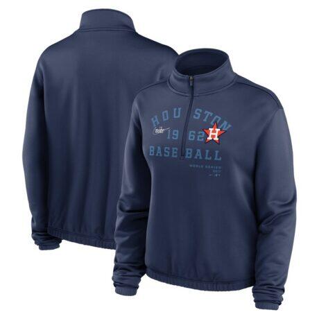 Houston Astros Nike Women's Rewind Splice Half-Zip Semi-Cropped Bubble Hem Sweatshirt - Navy - Front View