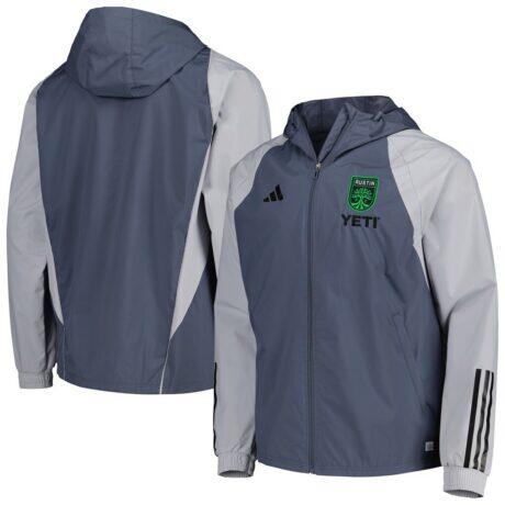 Austin FC adidas All-Weather Raglan Hoodie Full-Zip Jacket - Charcoal - Front View