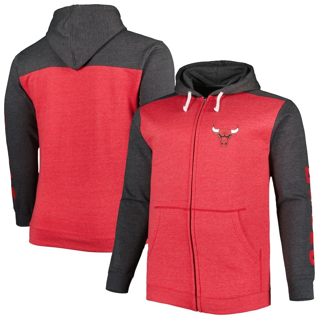 Chicago Bulls Fashion7 Big & Tall Down and Distance Full-Zip Hoodie – Heathered Red/Heathered Black