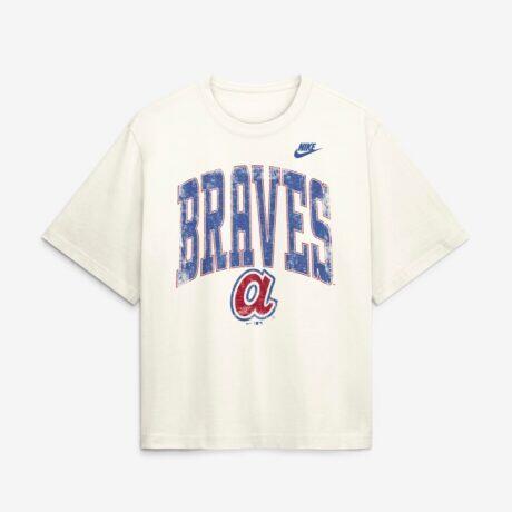 Atlanta Braves Nike Women's Arched Distressed Boxy T-Shirt - Cream - Front View