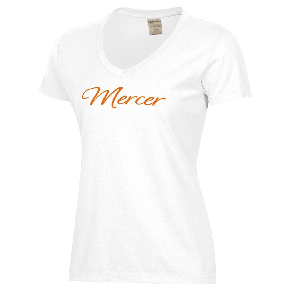 Mercer Bears Women's Script Logo Comfort Wash V-Neck T-Shirt