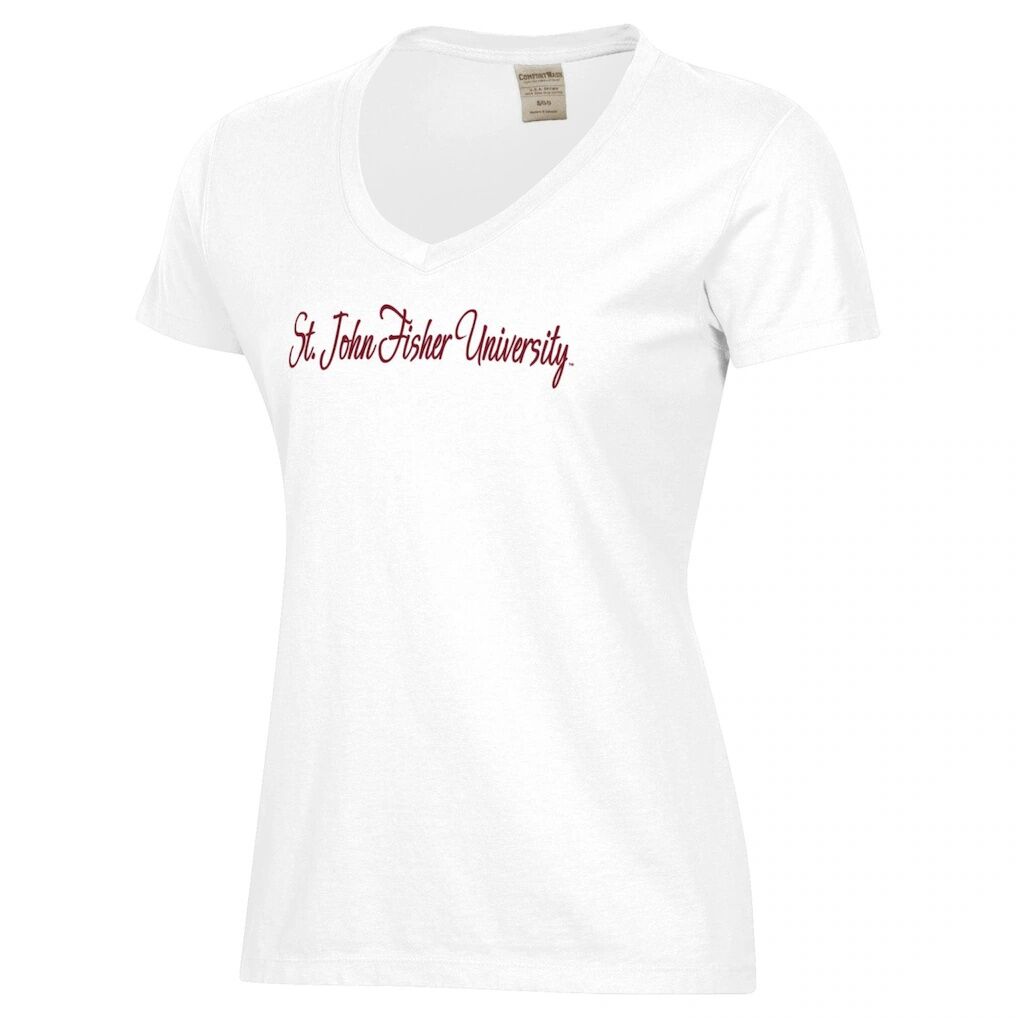 St. John Fisher Cardinals Women's Script Logo Comfort Wash V-Neck T-Shirt