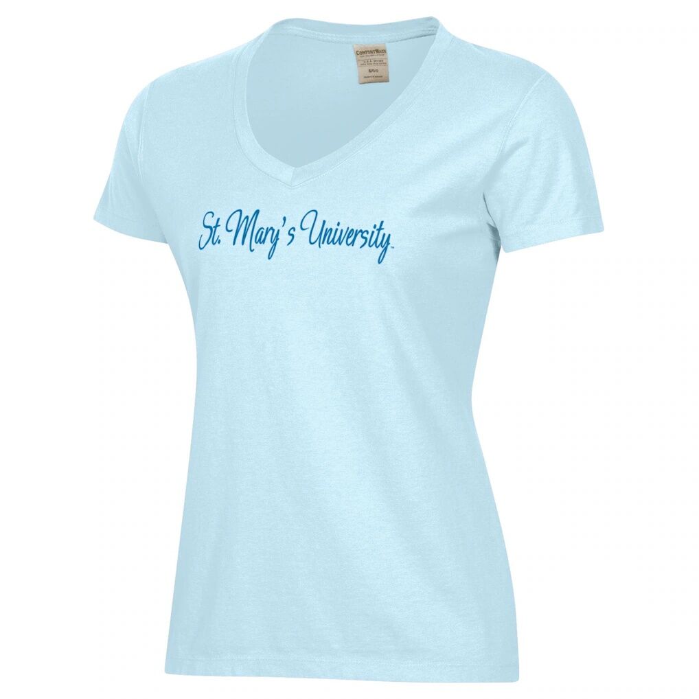 St. Mary's University Rattlers Women's Script Logo Comfort Wash V-Neck T-Shirt - Light Blue