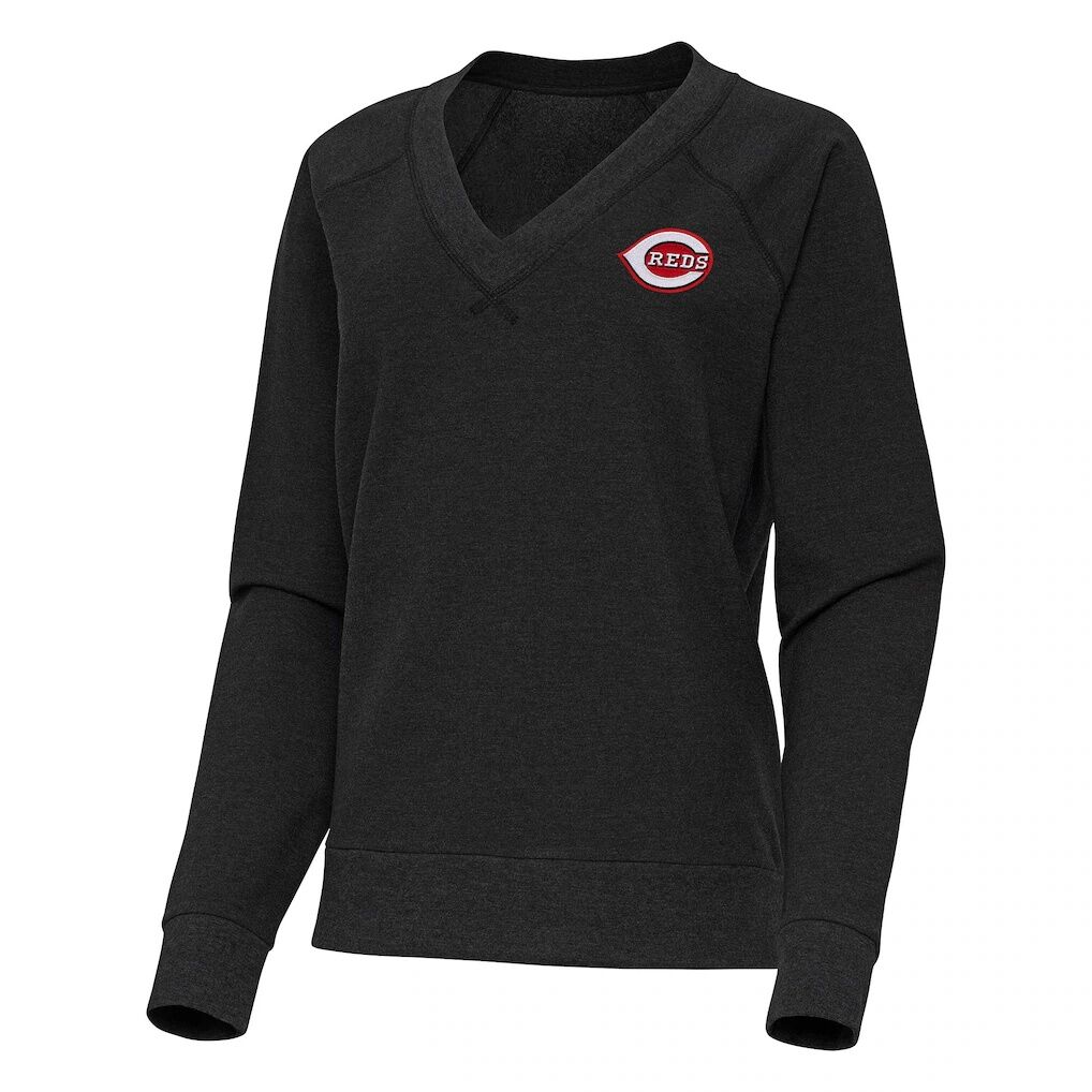 Cincinnati Reds Antigua Women's Varsity Tri-Blend V-Neck Long Sleeve T-Shirt - Heather Black