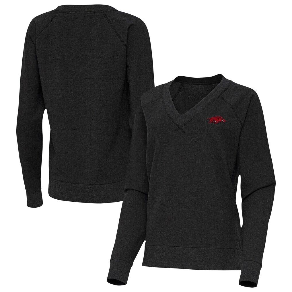 Arkansas Razorbacks Antigua Women's Varsity V-Neck Tri-Blend Pullover Sweatshirt - Heather Black