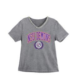 Northwestern State Demons Gameday Couture Women's Iconic Edge Rhinestone V-Neck T-Shirt - Gray - Front View
