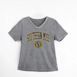 Southern Miss Golden Eagles Gameday Couture Women's Iconic Edge Rhinestone V-Neck T-Shirt - Gray - Front View