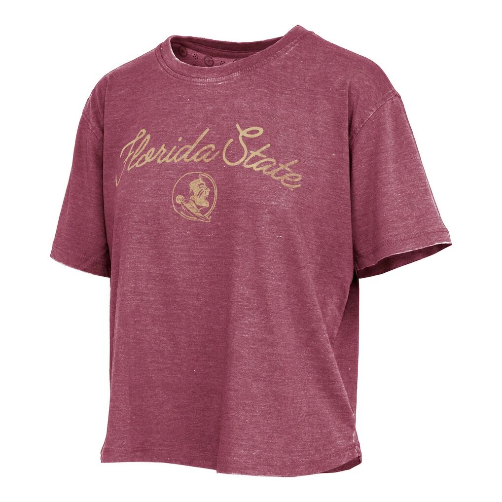 Florida State Seminoles Pressbox Women's Vintage Waist Length Script Over Logo T-Shirt - Garnet