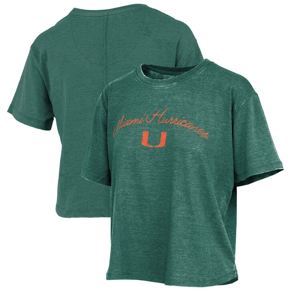 Miami Hurricanes Pressbox Women's Vintage Waist Length Script Over Logo T-Shirt