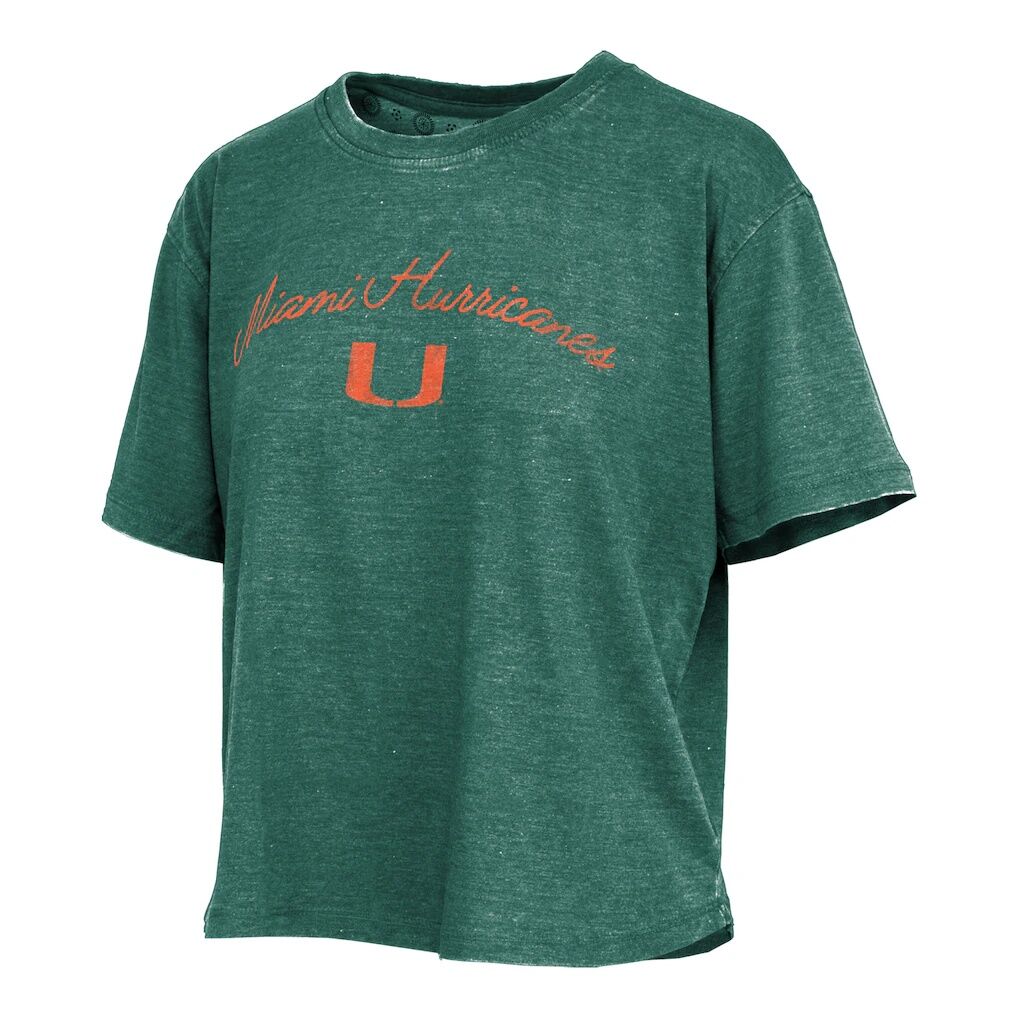 Miami Hurricanes Pressbox Women's Vintage Waist Length Script Over Logo T-Shirt