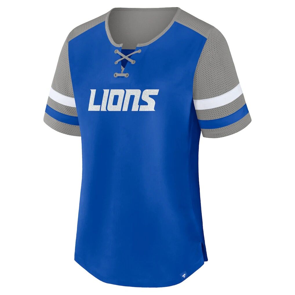Detroit Lions Fashion7 Women's Plus Size Throwback Curl Route Lace-Up T-Shirt - Blue/Gray