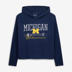Michigan Wolverines Pressbox Women's Castillo Slub Waist Length Long Sleeve Hooded T-Shirt - Navy - Front View
