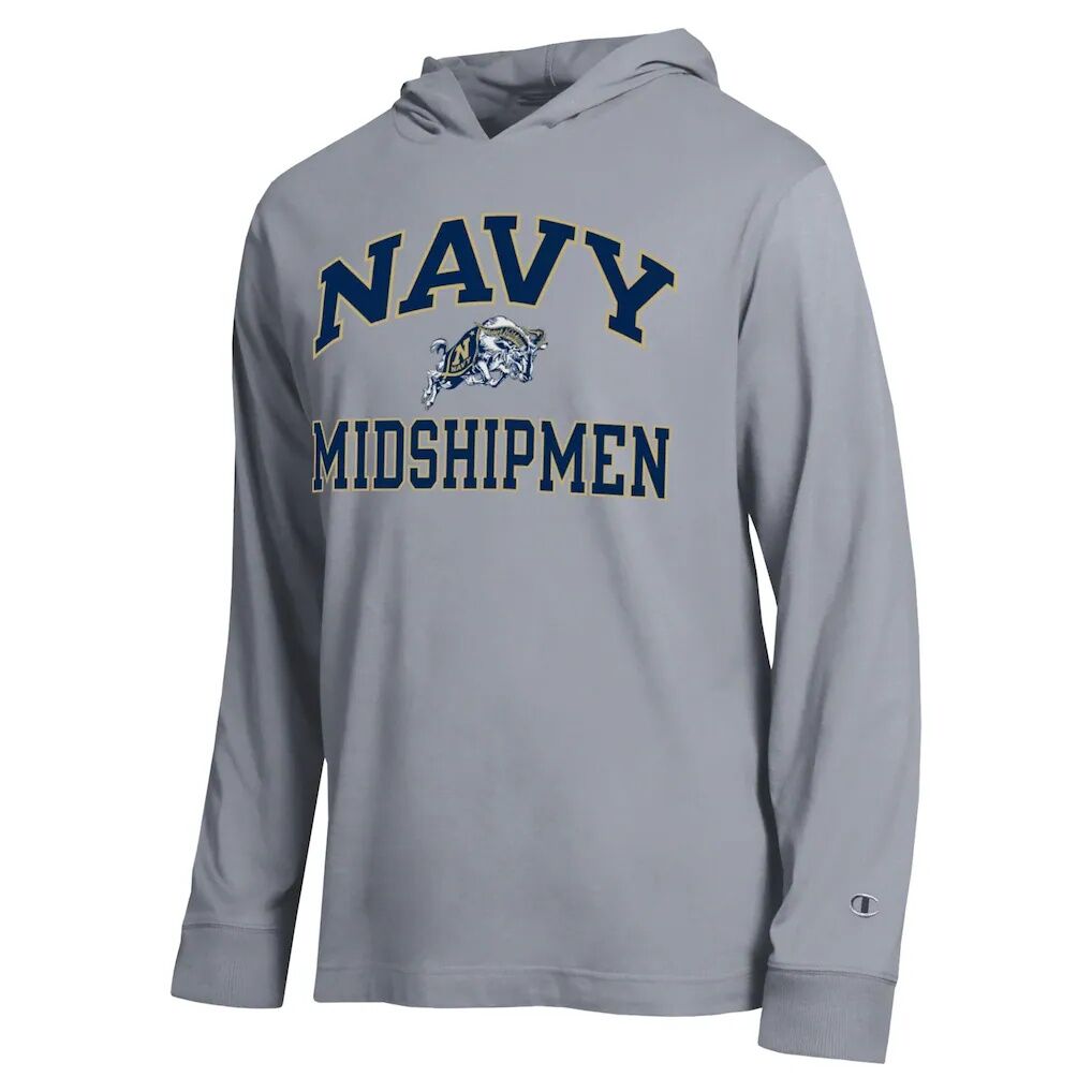 Navy Midshipmen Champion High Motor All-Star Long Sleeve Hooded T-Shirt - Heather Gray