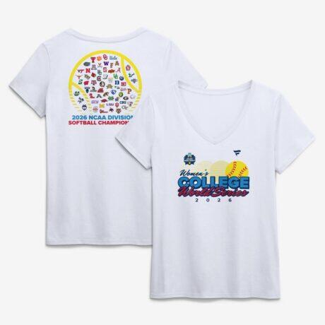 Women's 2026 NCAA Softball Women's College World Series First Base Finesse V-Neck T-Shirt - White - Front View