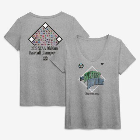 Women's 2026 NCAA Baseball College World Series Cleat Grip V-Neck T-Shirt - Gray - Front View