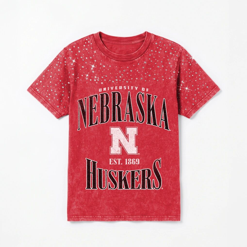 Nebraska Huskers Gameday Couture Women's Sparkle & Score Washed Micro Rhinestone T-Shirt - Scarlet