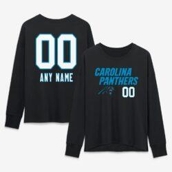 Carolina Panthers Women's Touchdown Wordmark Personalized Name & Number Long Sleeve T-Shirt - Black - Front View