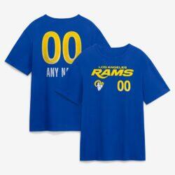 Los Angeles Rams Touchdown Wordmark Personalized Name & Number T-Shirt - Royal - Front View