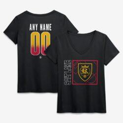Real Salt Lake Women's Home Field Pop Personalized Name & Number V-Neck T-Shirt - Black - Front View