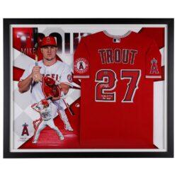 Mike Trout Los Angeles Angels Autographed Fashion7 Authentic Framed Red Nike Authentic Jersey Collage with "14, 16, 19 AL MVP" Inscription