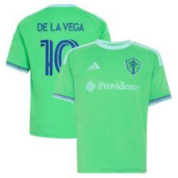Pedro de la Vega Seattle Sounders FC adidas Youth The Evergreen State Kit Replica Jersey - Rave Green - - Front View