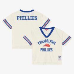 Philadelphia Phillies Mitchell & Ness Women's Cooperstown Collection Retro Roots Crop Boxy Yoke T-Shirt - Cream - Front View