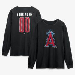 Los Angeles Angels Metallic Mascot Personalized Name & Number Long Sleeve T-Shirt - Black - Front View