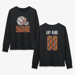 Cleveland Browns Women's Metallic Mascot Personalized Name & Number Long Sleeve T-Shirt - Black - Front View