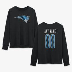New England Patriots Women's Metallic Mascot Personalized Name & Number Long Sleeve T-Shirt - Black - Front View