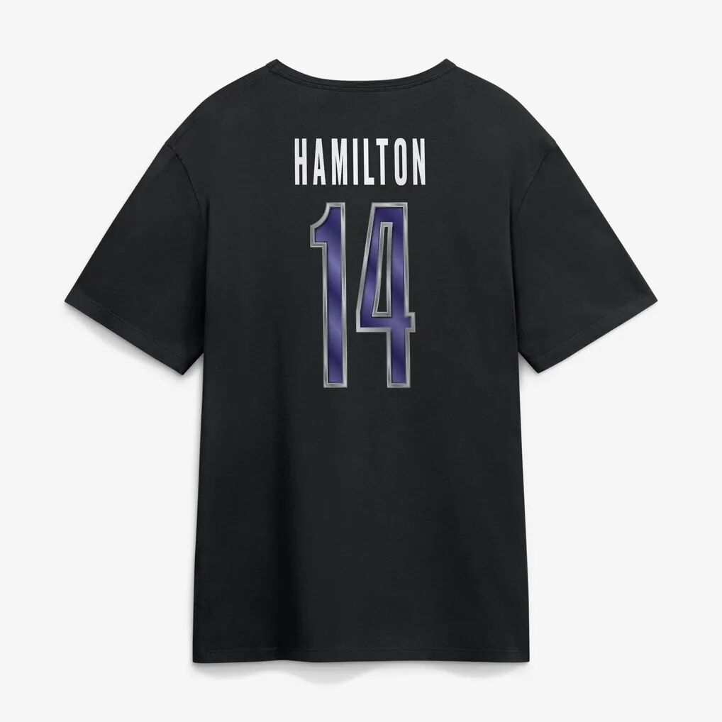 Kyle Hamilton Baltimore Ravens Metallic Mascot Name & Number T-Shirt