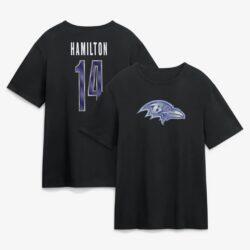 Kyle Hamilton Baltimore Ravens Metallic Mascot Name & Number T-Shirt - Black - Front View