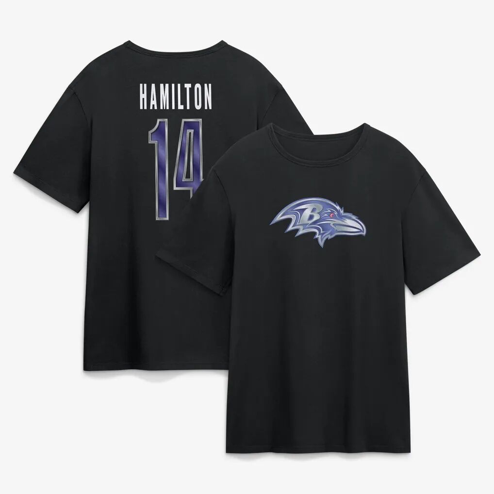 Kyle Hamilton Baltimore Ravens Metallic Mascot Name & Number T-Shirt